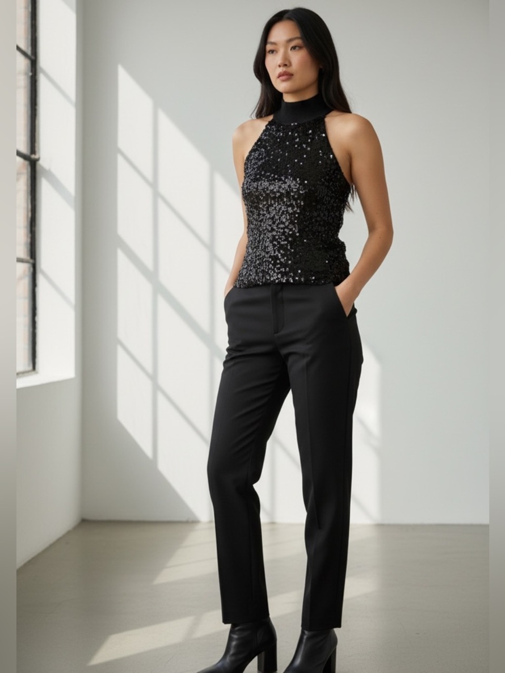 INC International Concepts Black Sequin Halter Tank Top